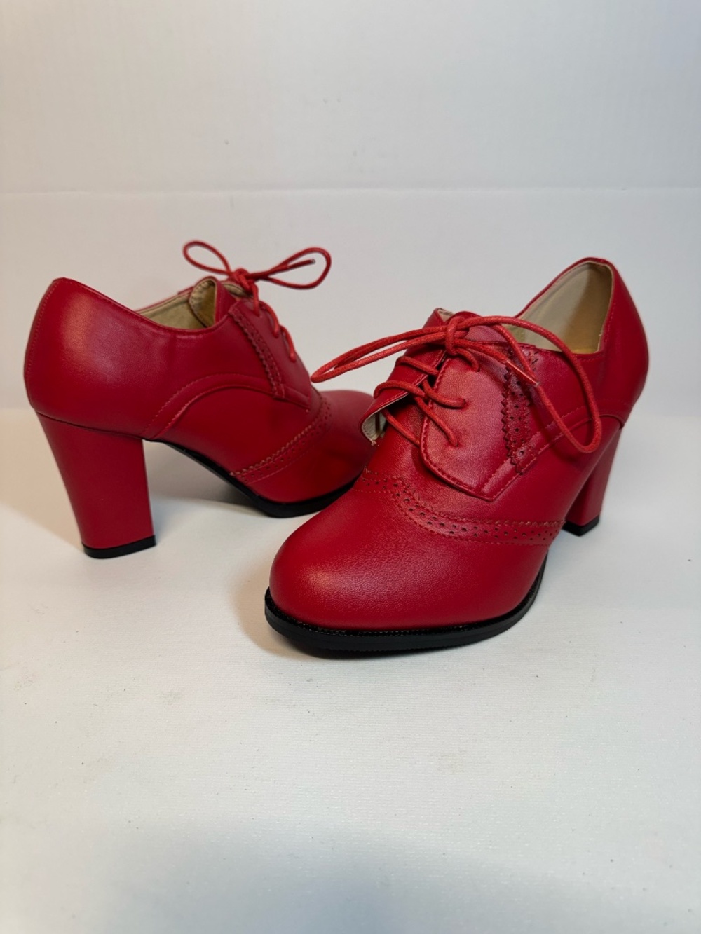 Odema Red Lace Up Oxford Brogue Block Heel Pumps Retro Size 6